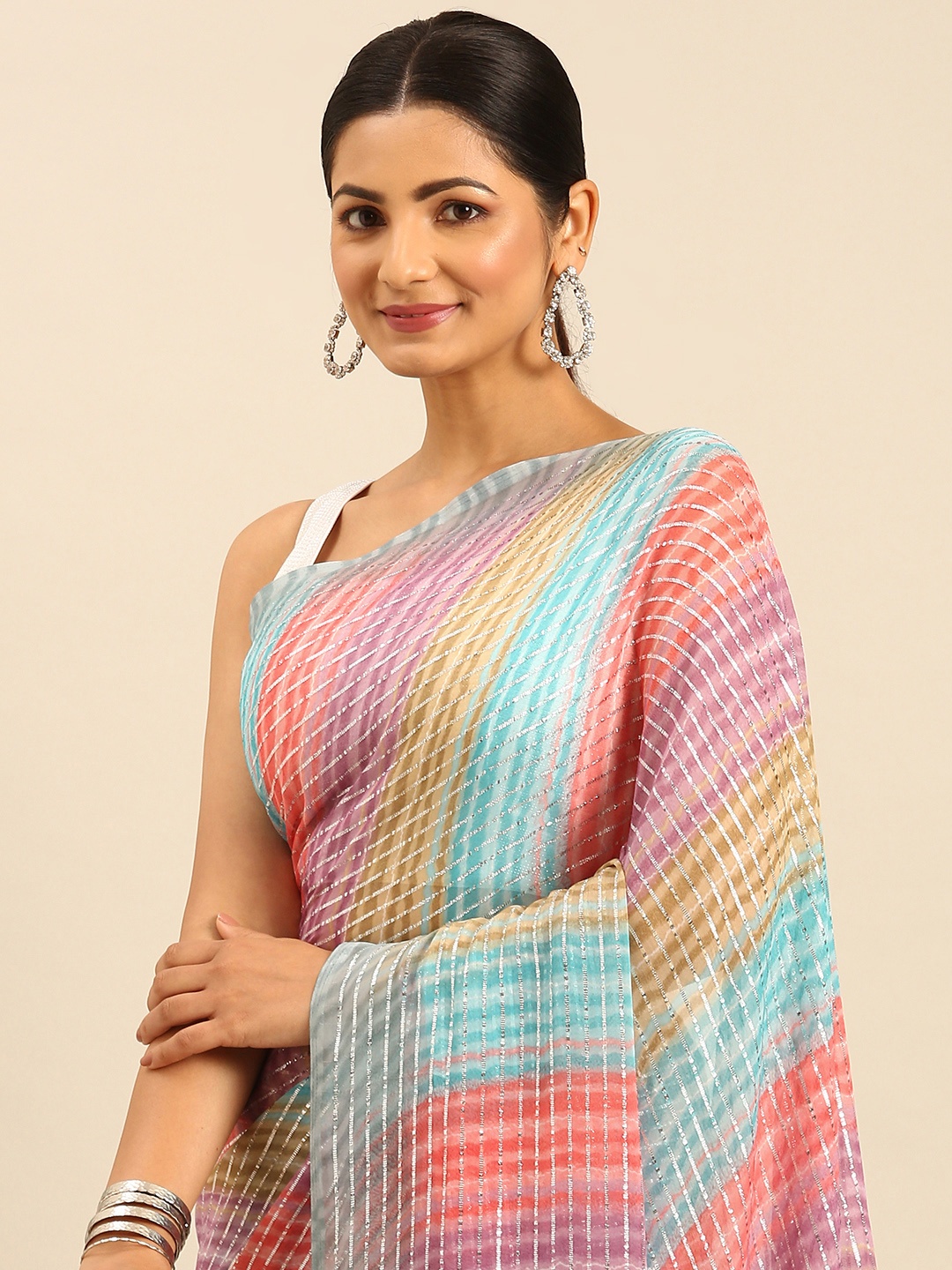 

HERE&NOW Striped Zari Bhagalpuri Saree, Turquoise blue