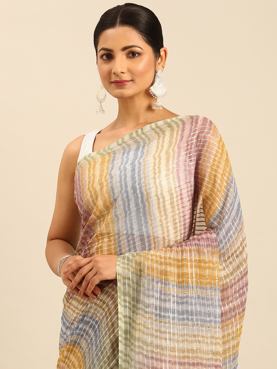 

HERE&NOW Striped Zari Bhagalpuri Saree, Green