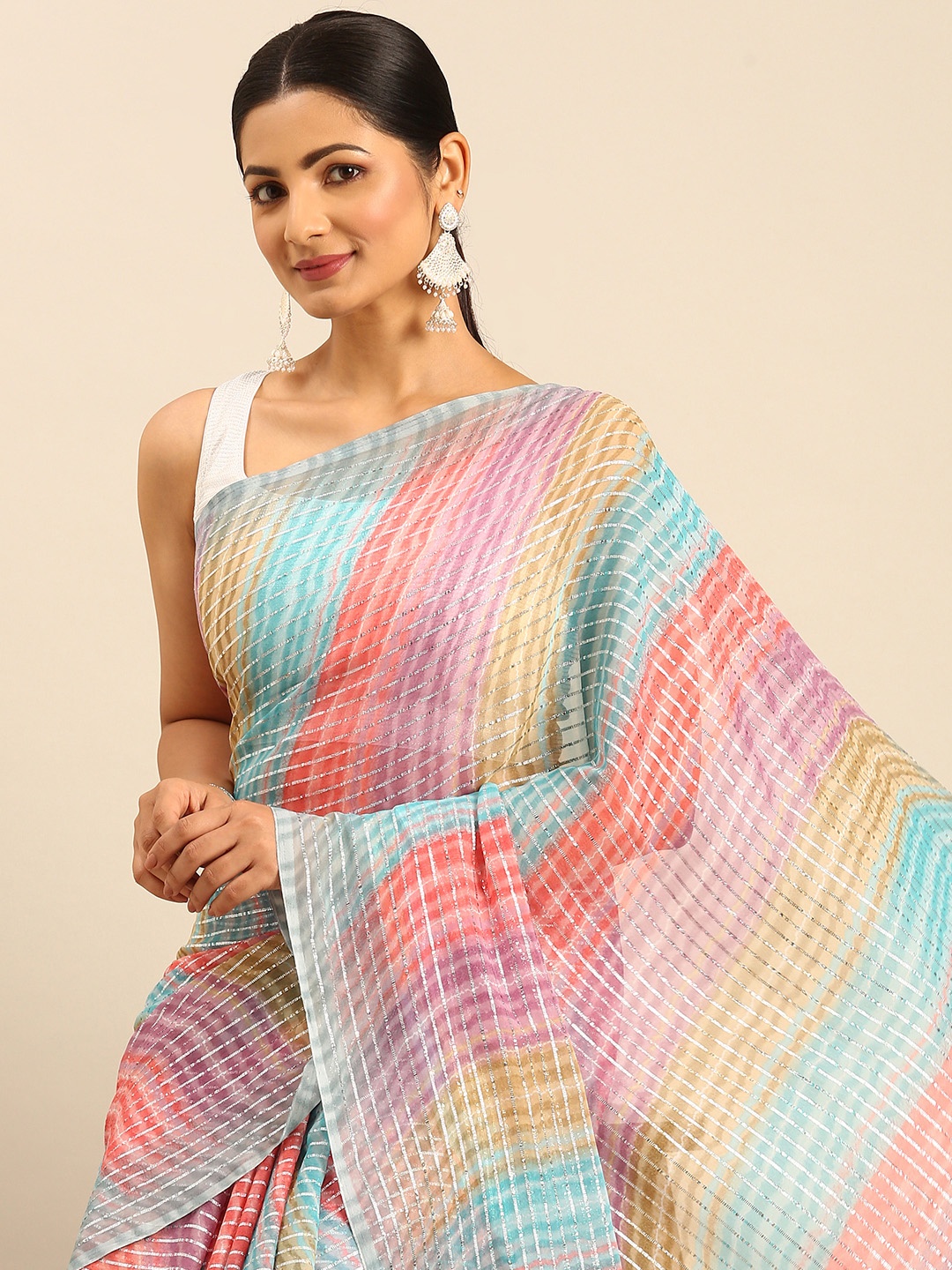 

HERE&NOW Striped Zari Bhagalpuri Saree, Orange