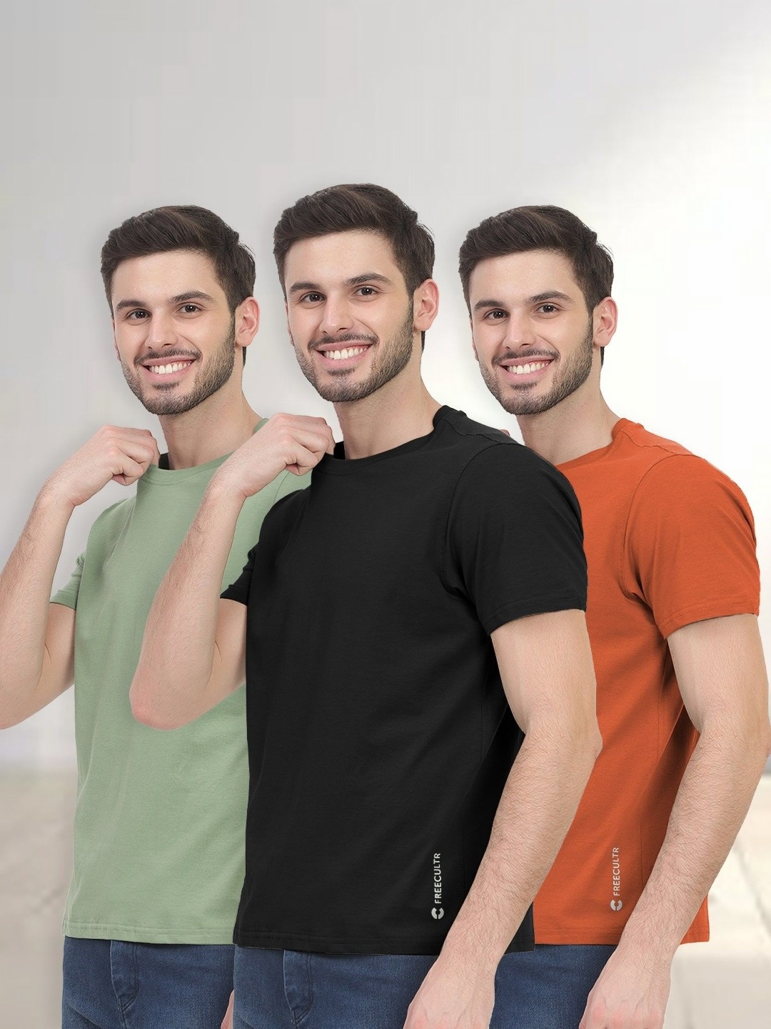 

FREECULTR Men Pack of 3 Half Sleeve Round Neck Organic Cotton Tshirts, Black