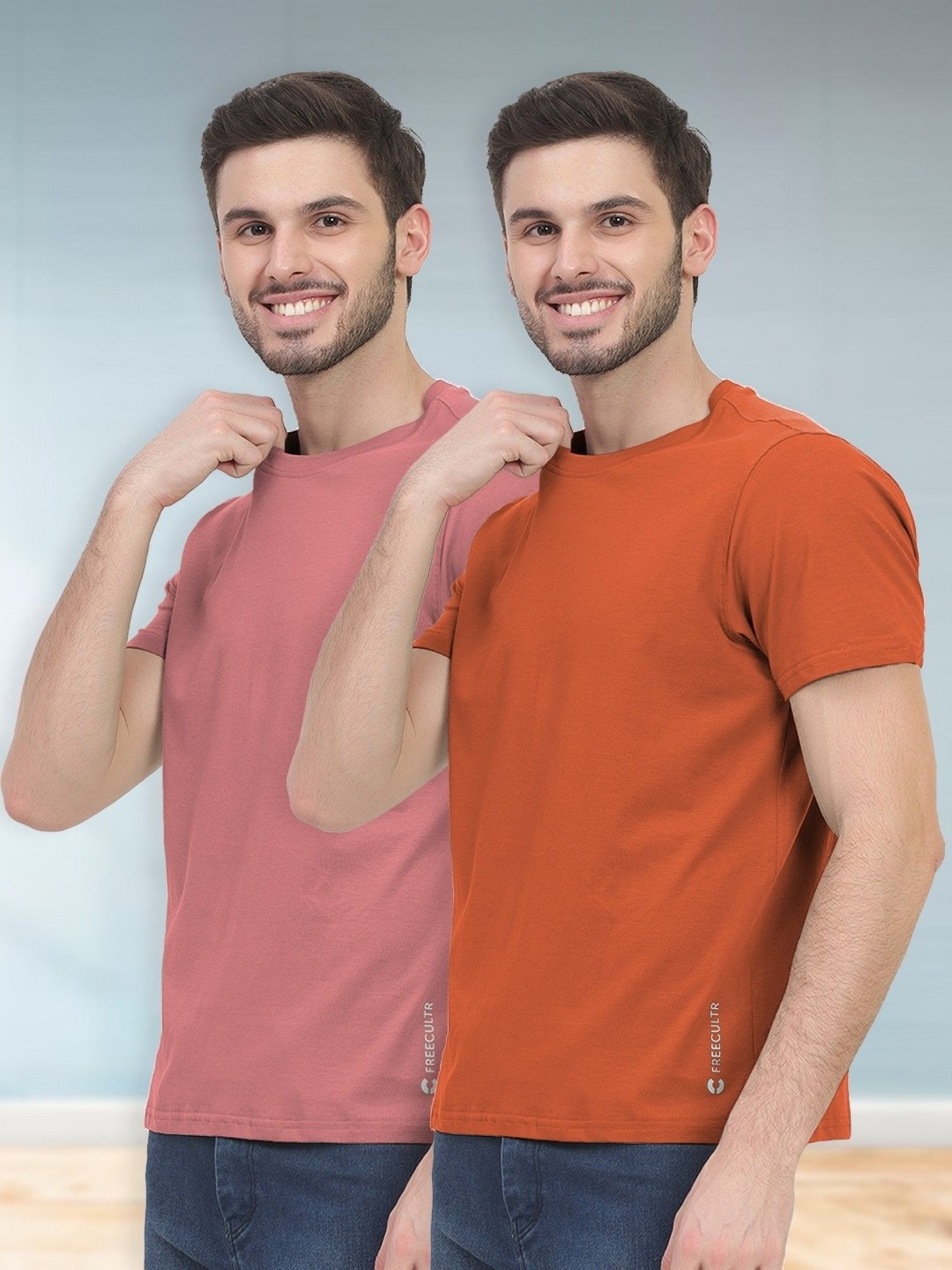 

FREECULTR Men Pack of 2 Half Sleeve Round Neck Organic Cotton Tshirts, Peach