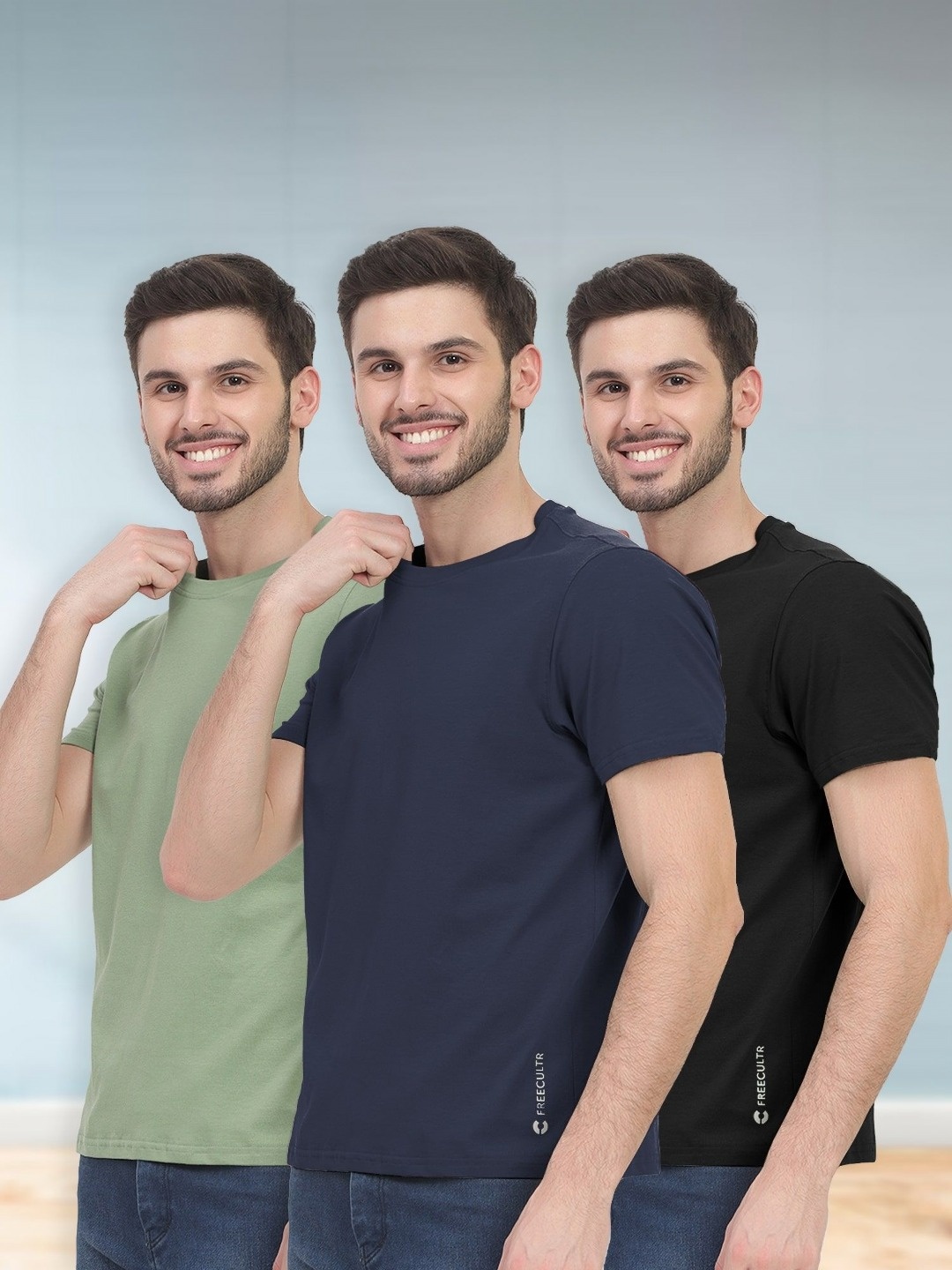 

FREECULTR Men Half Sleeve Round Neck Organic Cotton Tshirts Pack of 3, Black