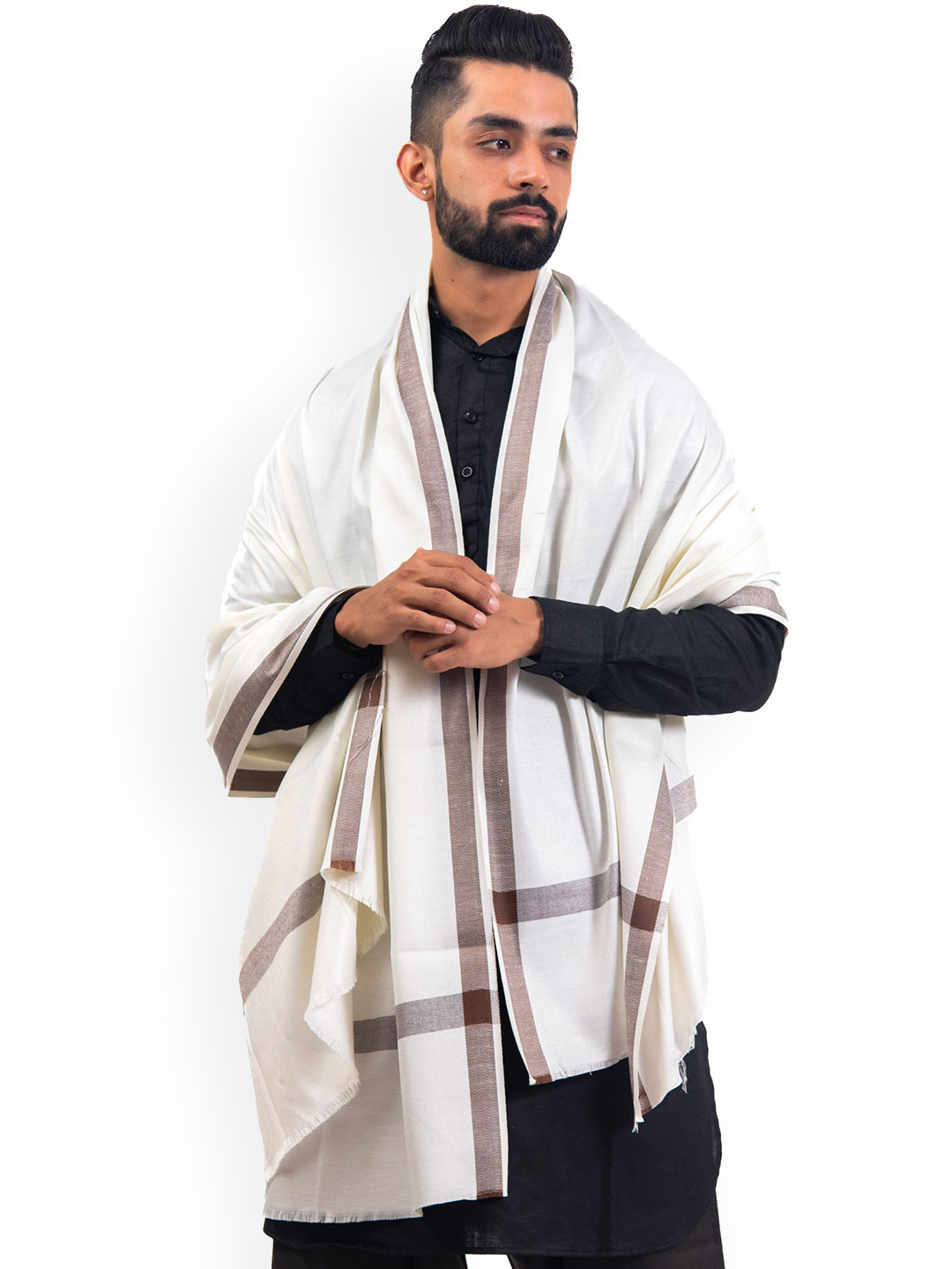 

BAISA Men Floral Woven Design Woollen Shawl, White
