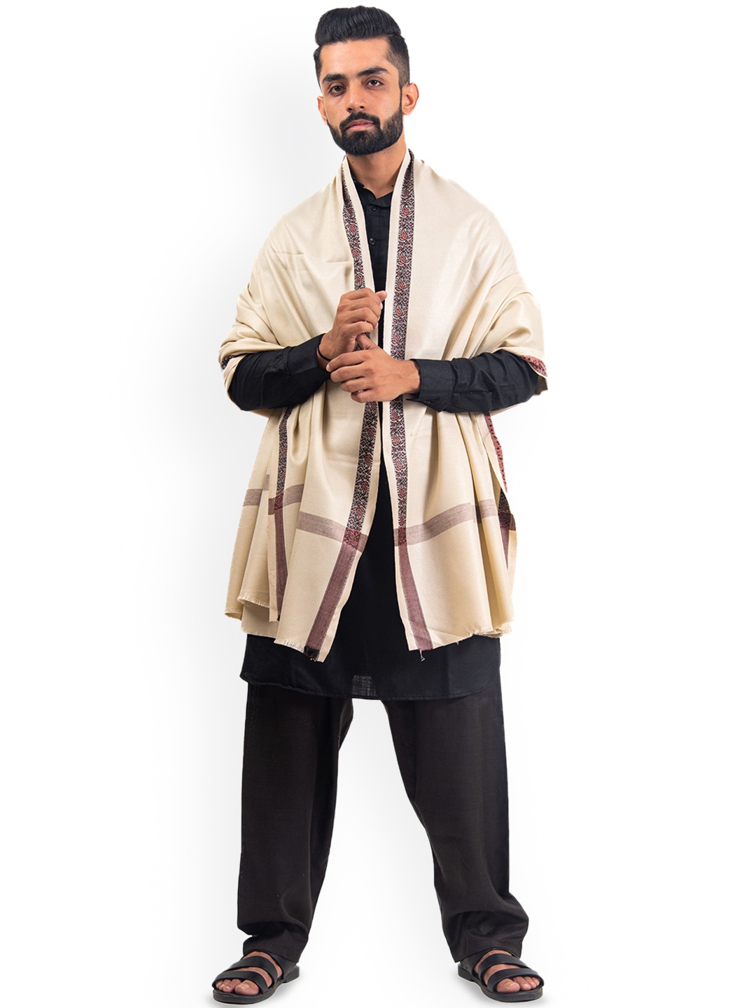 

BAISA Men Floral Woven Design Woollen Shawl, Nude