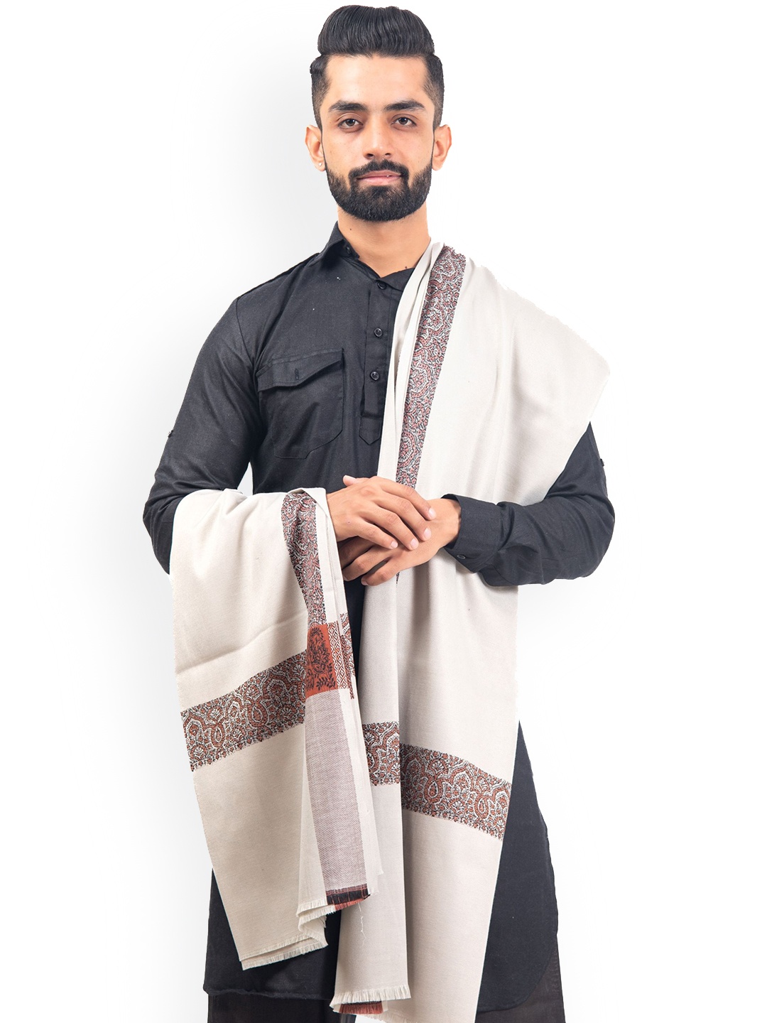 

BAISA Men Floral Woven Design Woollen Shawl, Grey