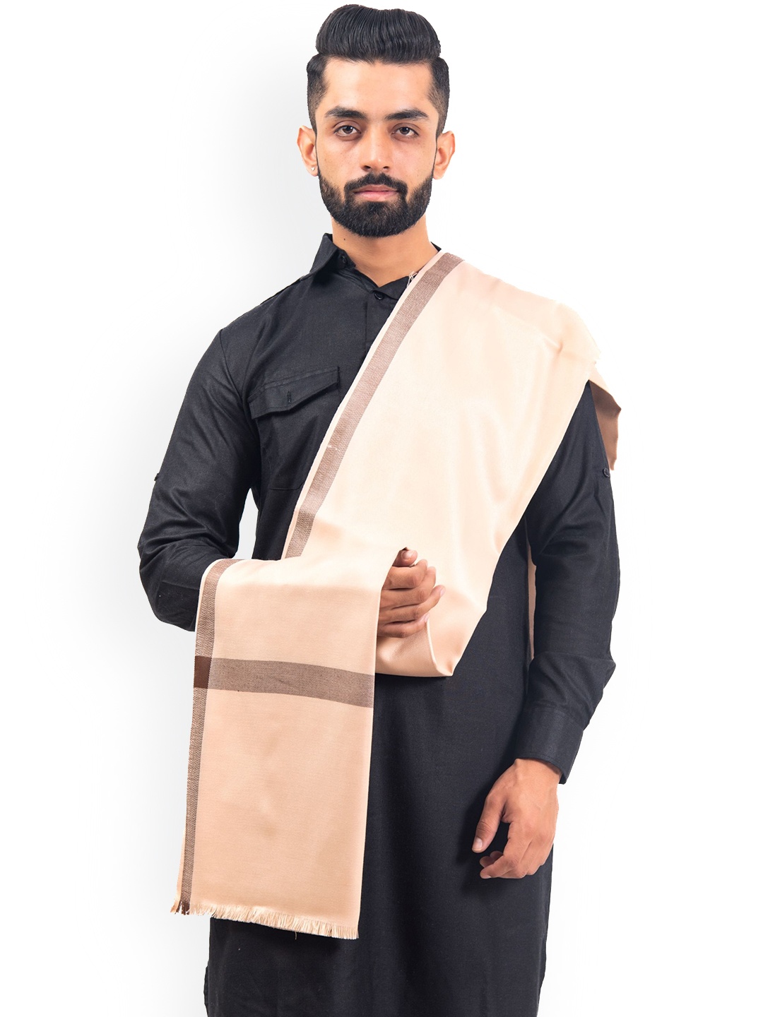 

BAISA Men Floral Woven Design Woollen Shawl, Nude