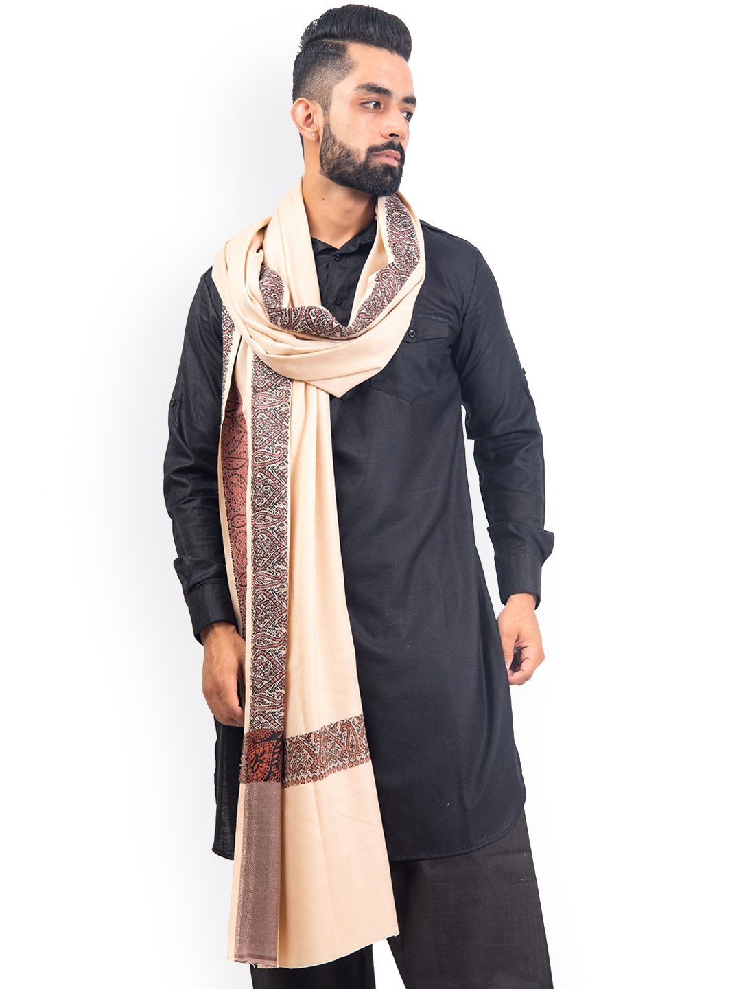 

BAISA Men Floral Woven Design Woollen Shawl, Beige