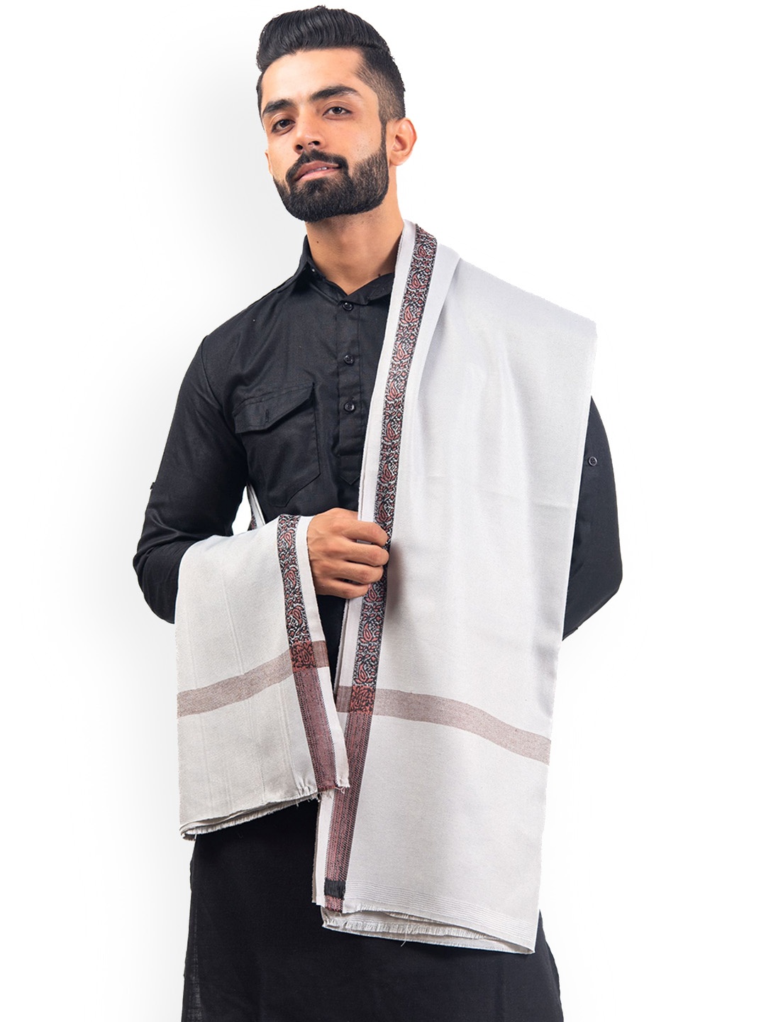 

BAISA Men Kalamkari Woven Design Woollen Shawl, Steel