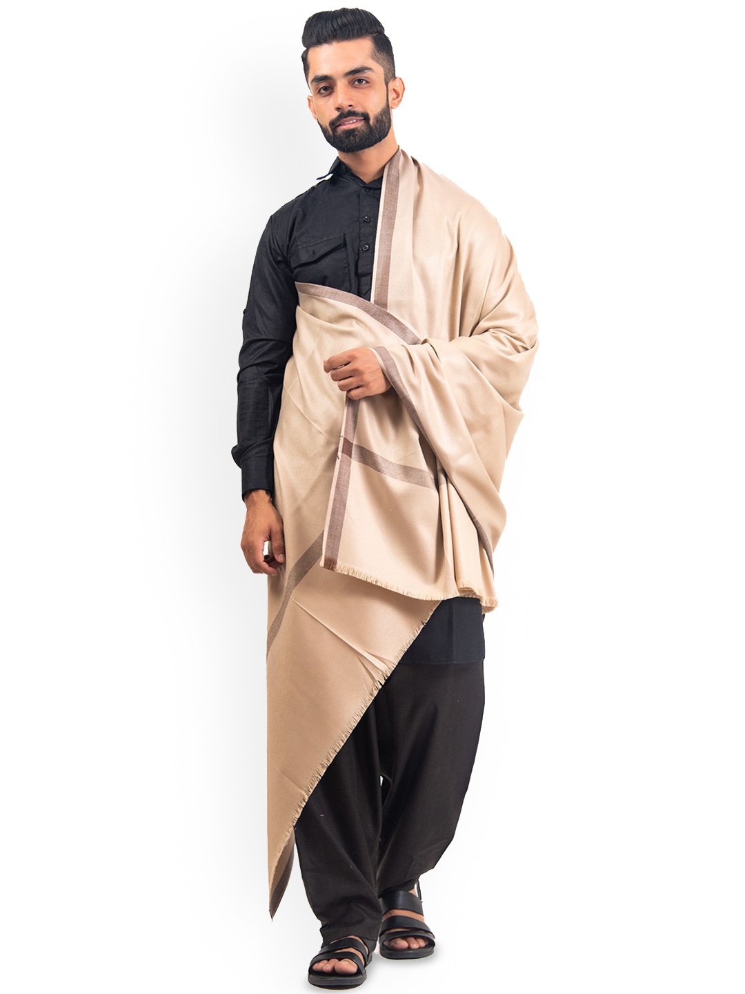 

BAISA Men Floral Woven Design Woollen Shawl, Brown