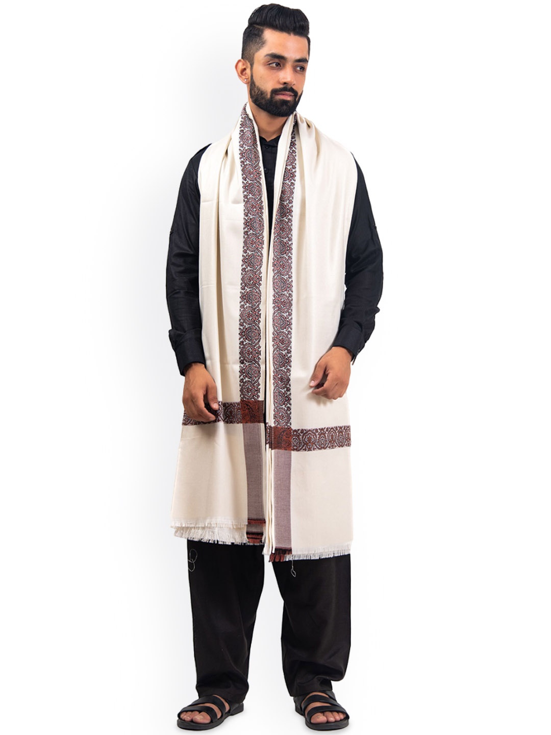 

BAISA Men Floral Woven Design Woollen Shawl, White