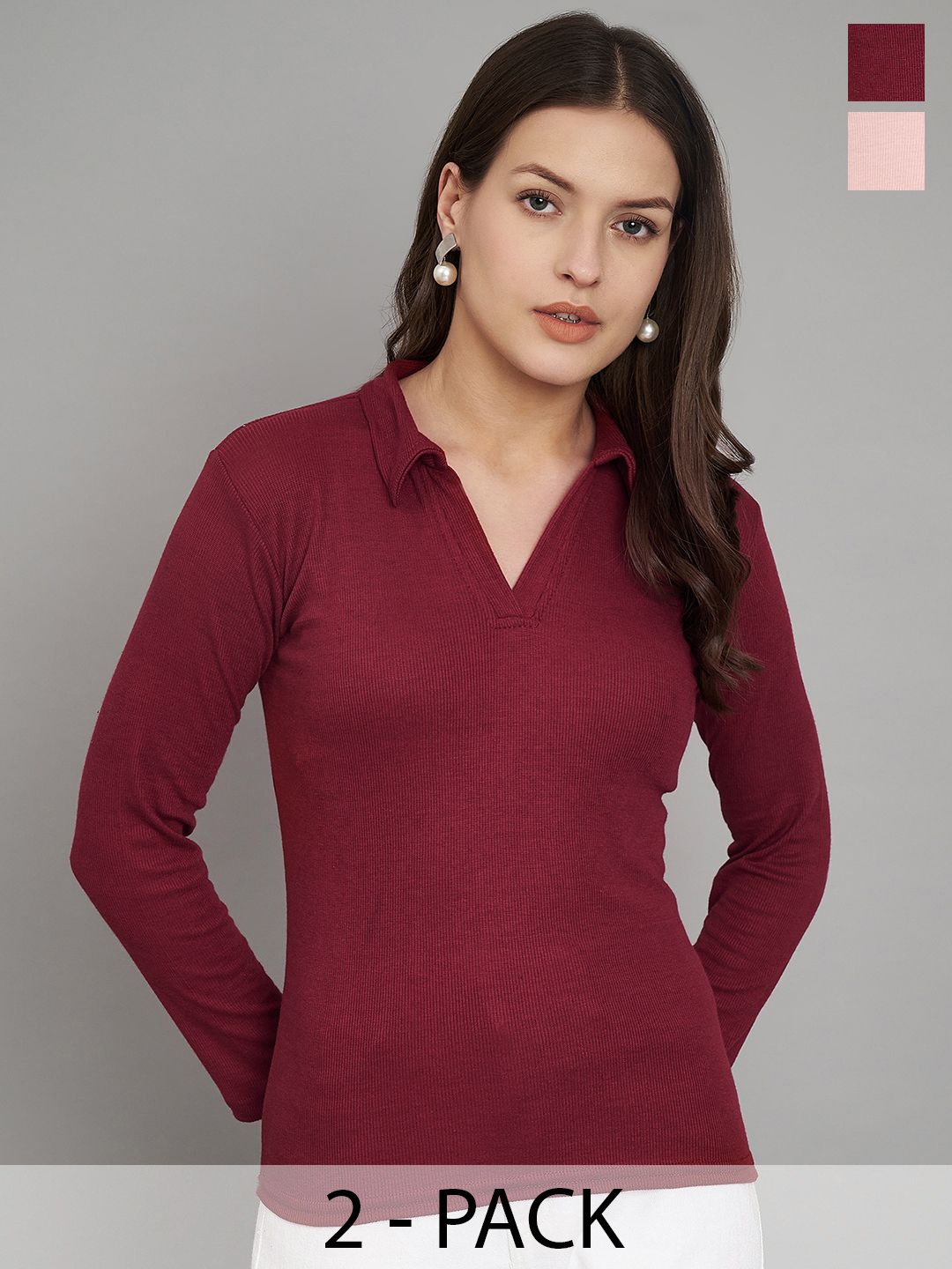 

Trend Level Pack Of 2 Shirt Collar Solid Cotton Top, Maroon