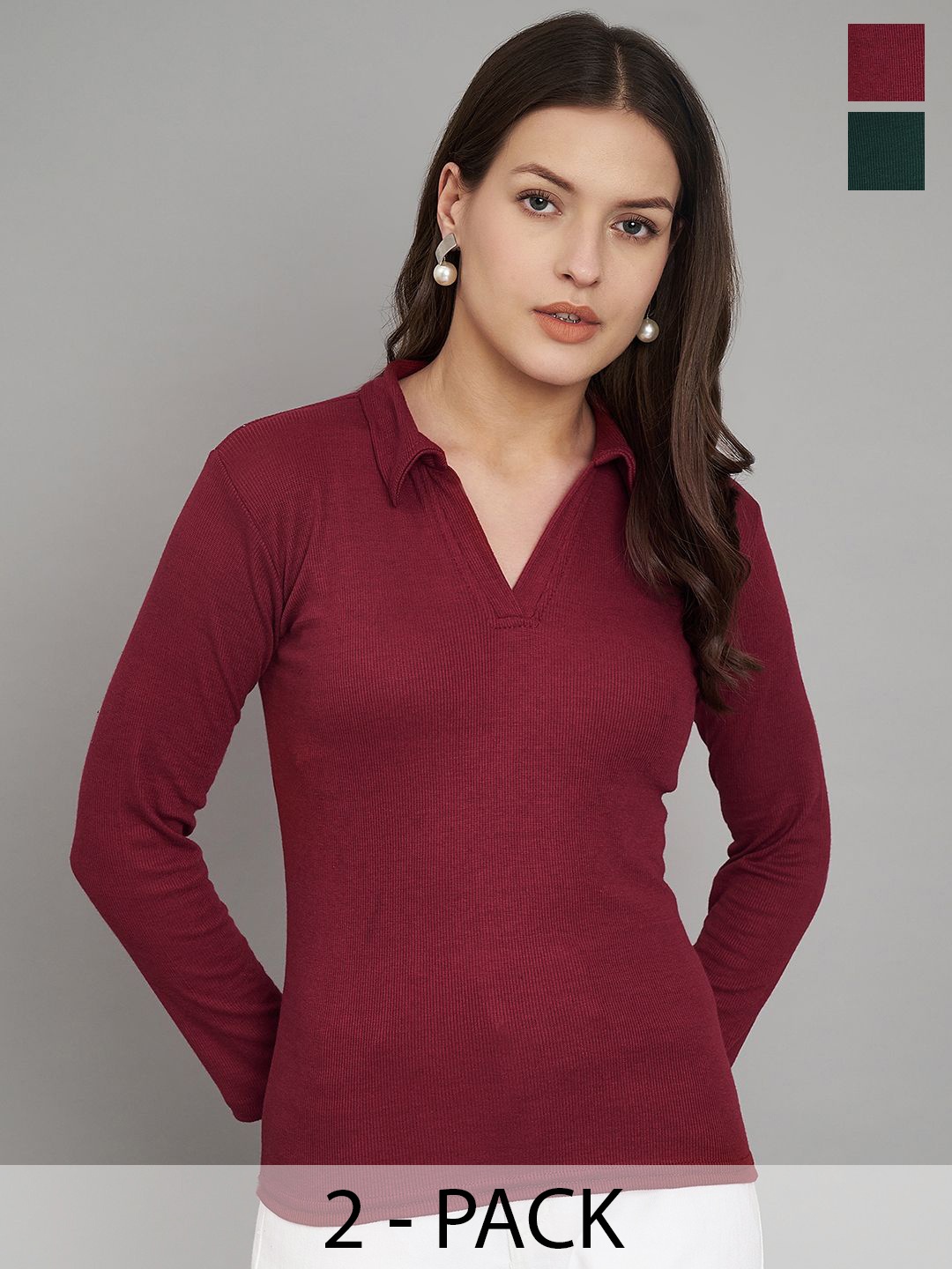 

Trend Level Pack Of 2 Women Shirt Collar Cotton Top, Maroon