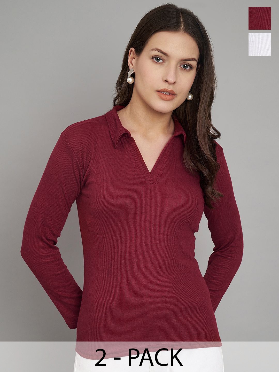

Trend Level Women Pack Of 2 Cotton Solid Long Sleeves Top, Maroon