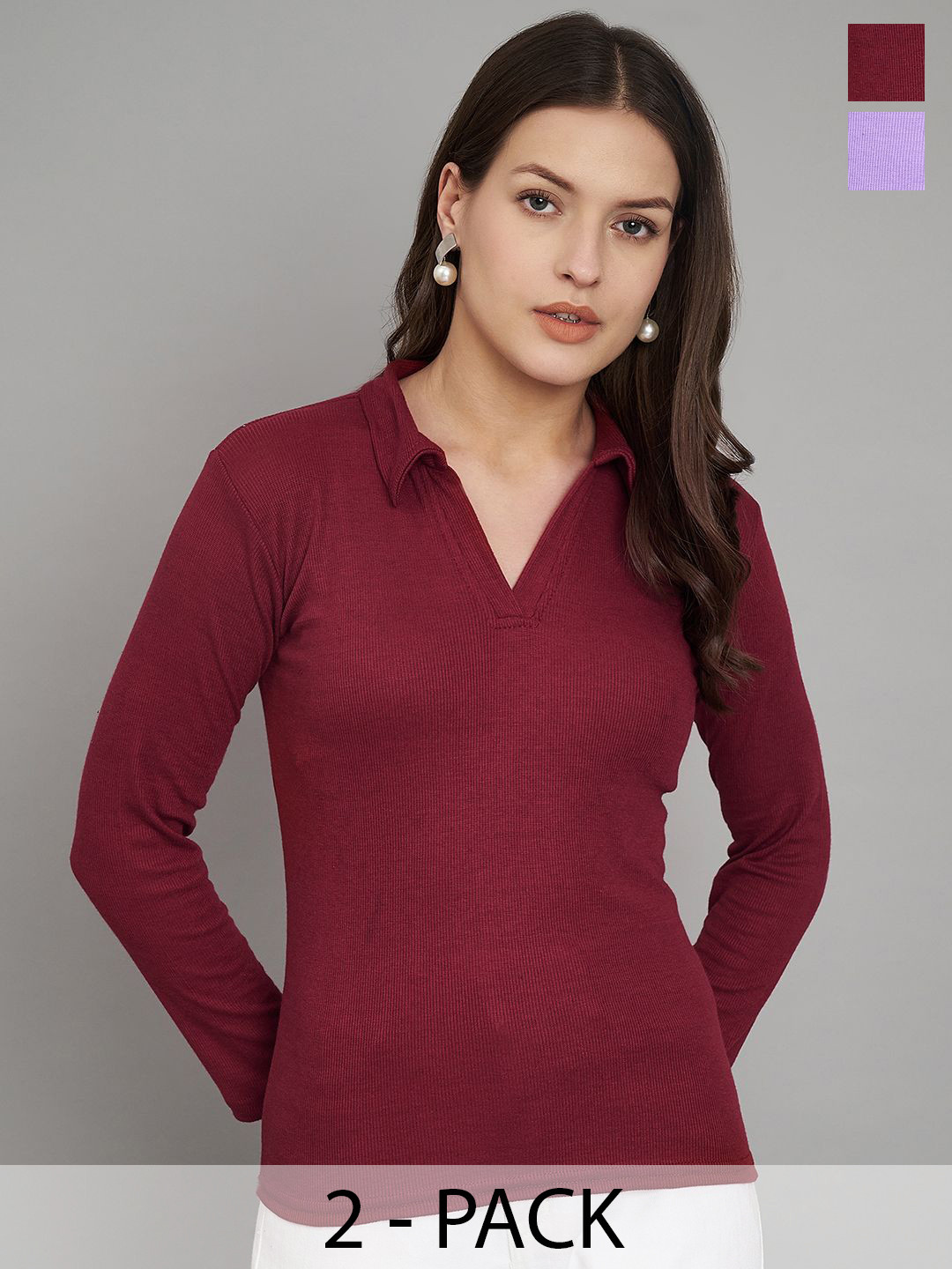 

Trend Level Women Cotton Long Sleeves Shirt Collar Top, Maroon