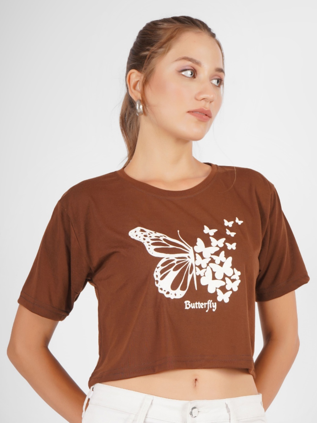 

MIMID Women Graphic Printed Crop Cotton T-shirt, Brown