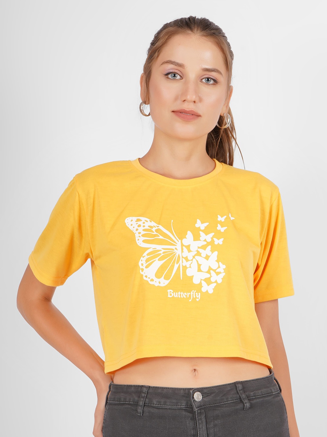 

MIMID Women Graphic Printed Crop Cotton T-shirt, Yellow