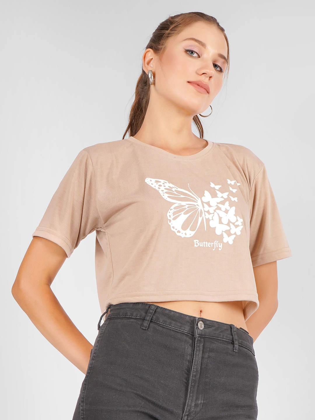 MIMID Women Graphic Printed Crop Cotton T-shirt, Brown