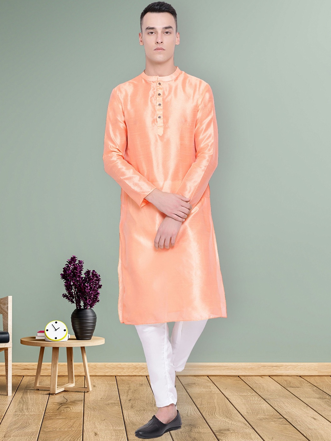 

DEVOILER Mandarin Collar Dupion Silk Straight Kurta, Peach