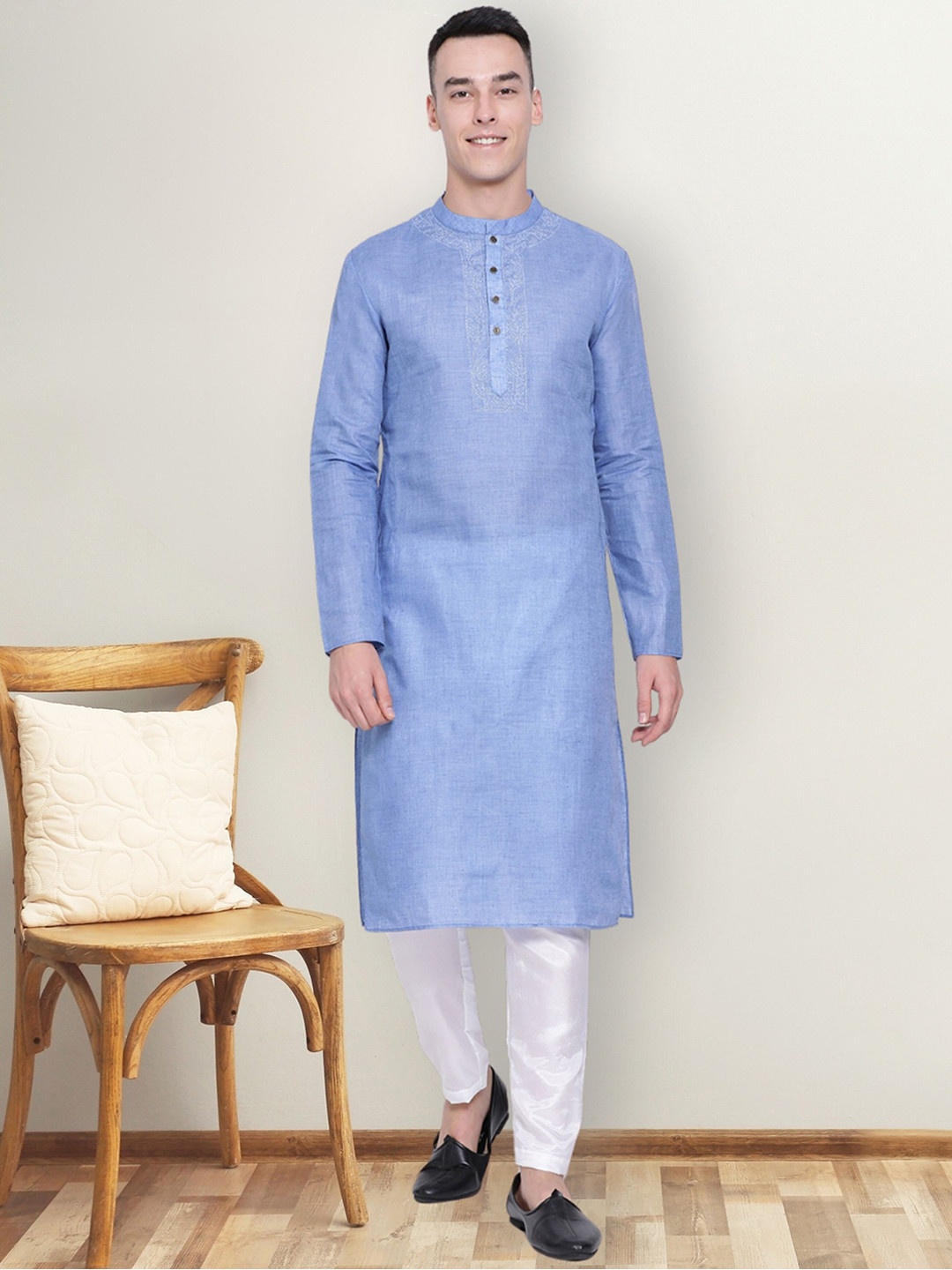 

DEVOILER Men Thread Work Kurta, Blue