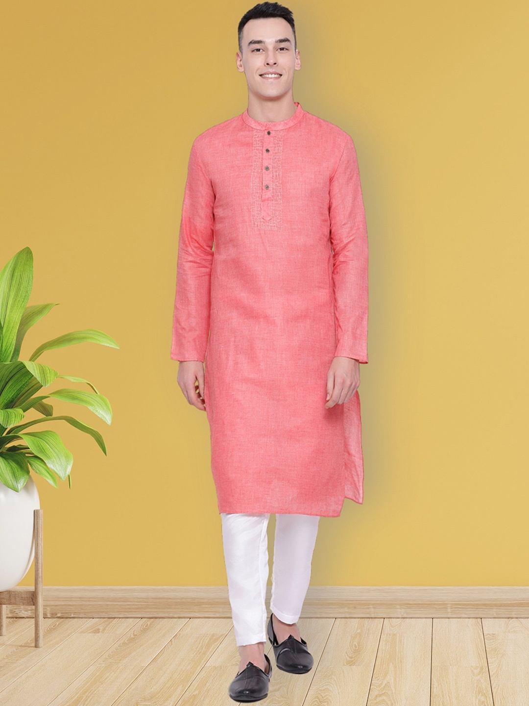 

DEVOILER Mandarin Collar Embroidered Cotton Straight Kurta, Pink