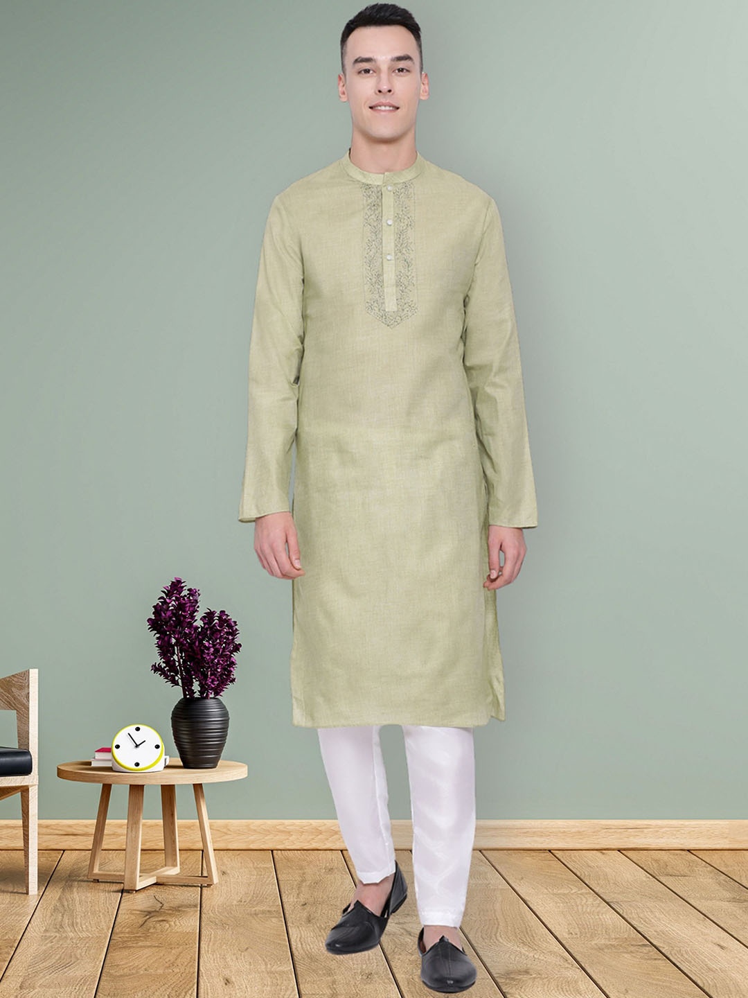 

DEVOILER Men Thread Work Kurta, Lime green