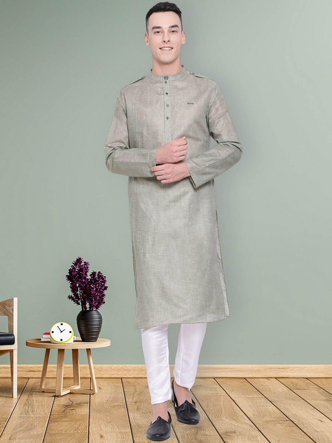 

DEVOILER Mandarin Collar Cotton Straight Kurta, Olive