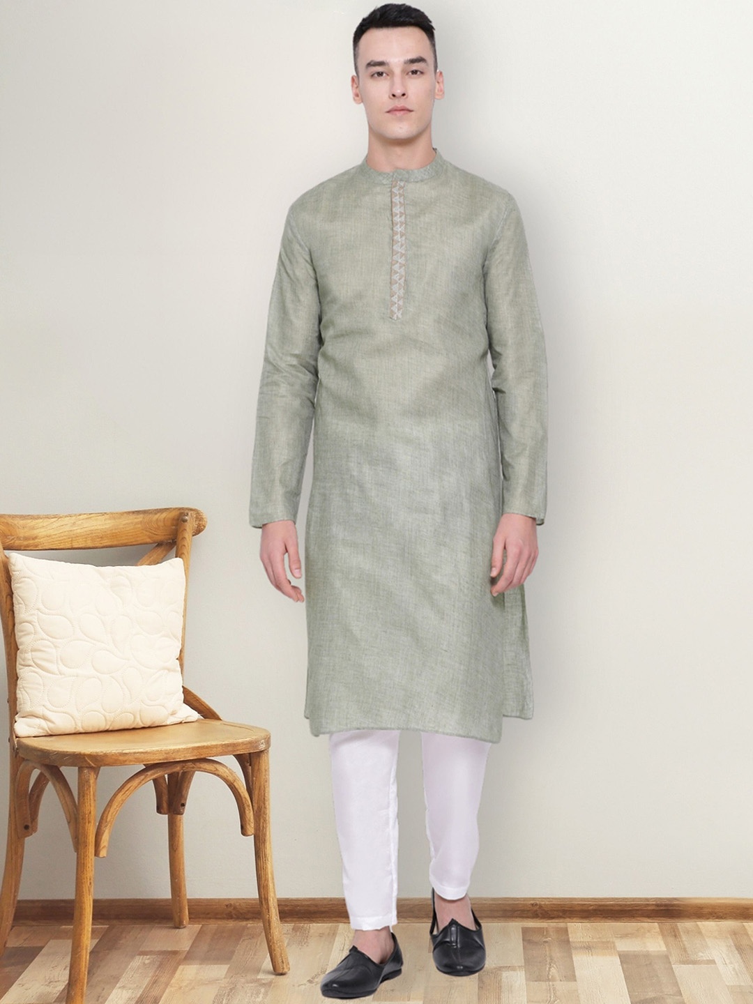 

DEVOILER Men Thread Work Kurta, Olive