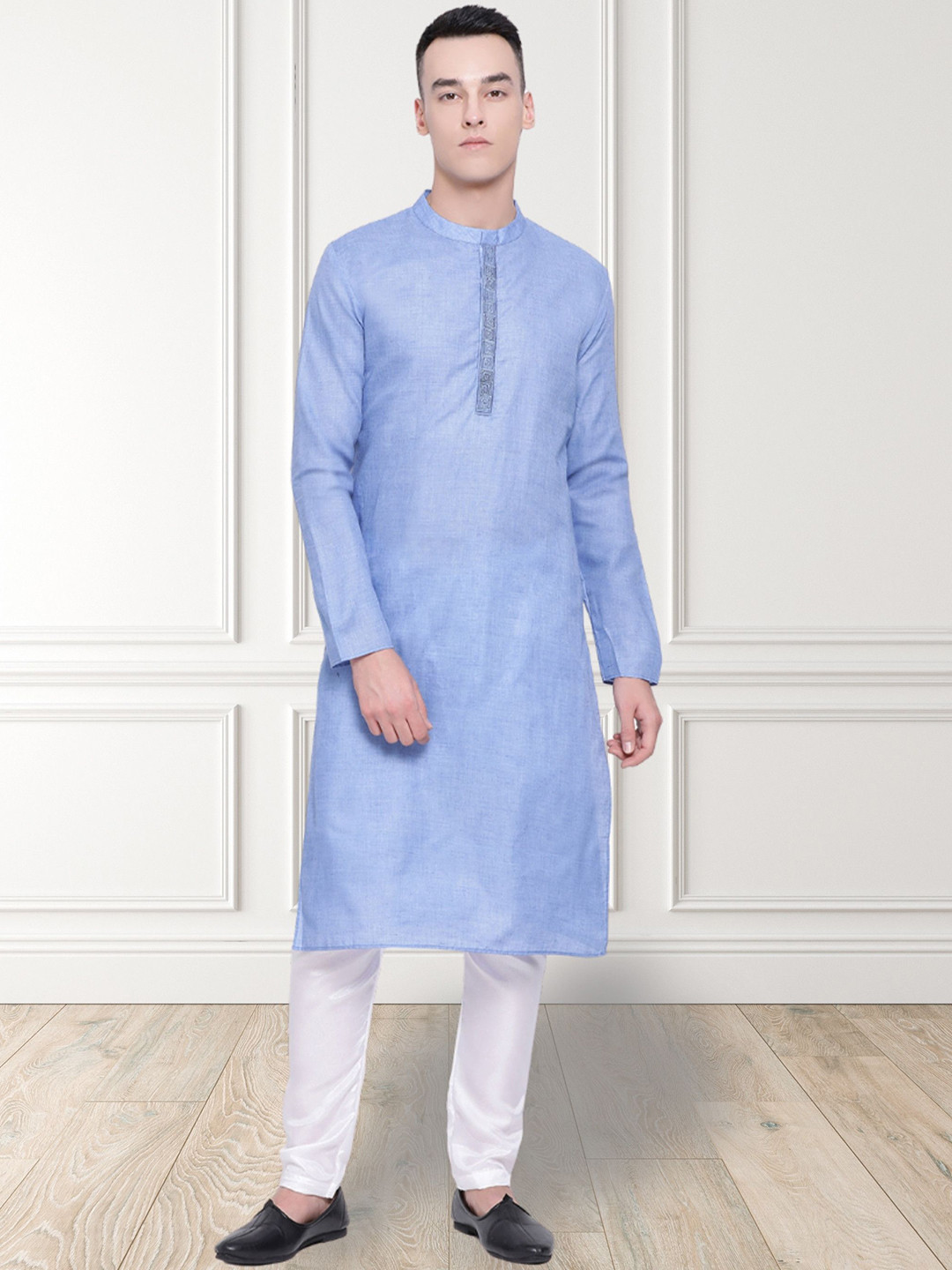 

DEVOILER Embroidered Mandarin Collar Cotton Straight Kurta, Blue