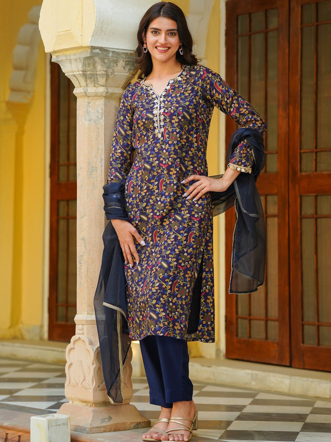 

Ambraee Floral Printed Straight Sequinned Kurta with Trousers & Dupatta, Navy blue