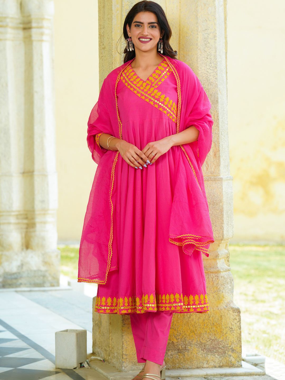 

Ambraee Anarkali Mirror Work Organic Cotton Kurta with Trousers & Dupatta, Pink