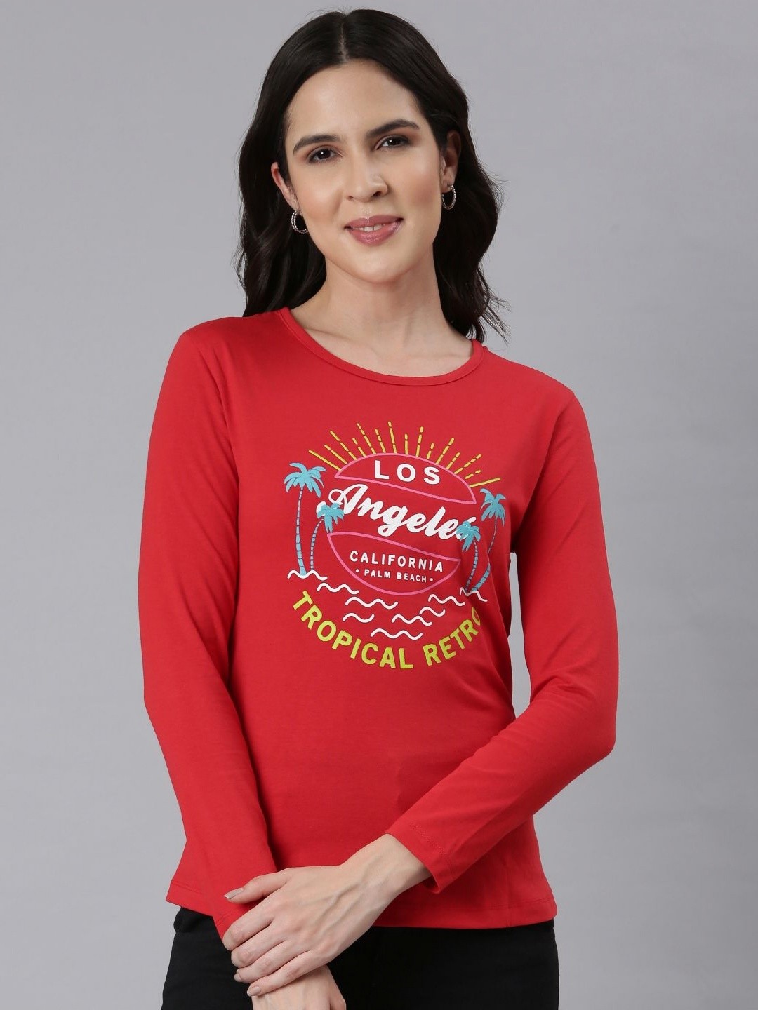 

DIXCY SCOTT Slimz Women Typography Printed Full Sleeves T-shirt, Red