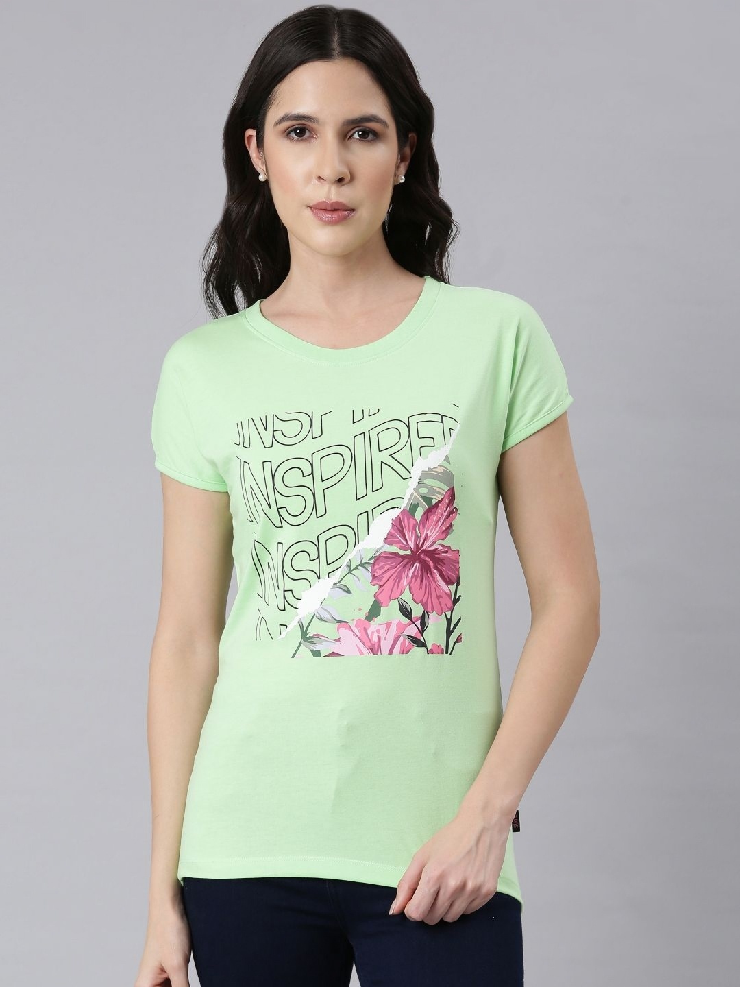 

DIXCY SCOTT Slimz Women Floral Printed Extended Sleeves Raw Edge T-shirt, Green