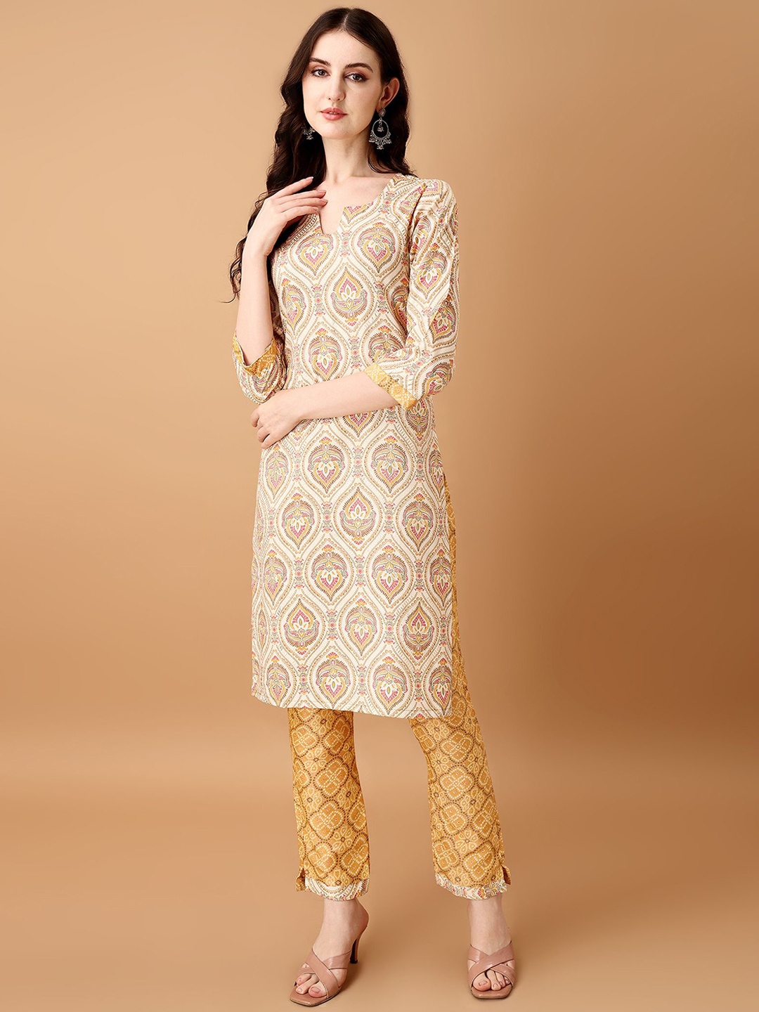 

KALINI Women Floral Printed Regular Kurta with Trousers, Yellow