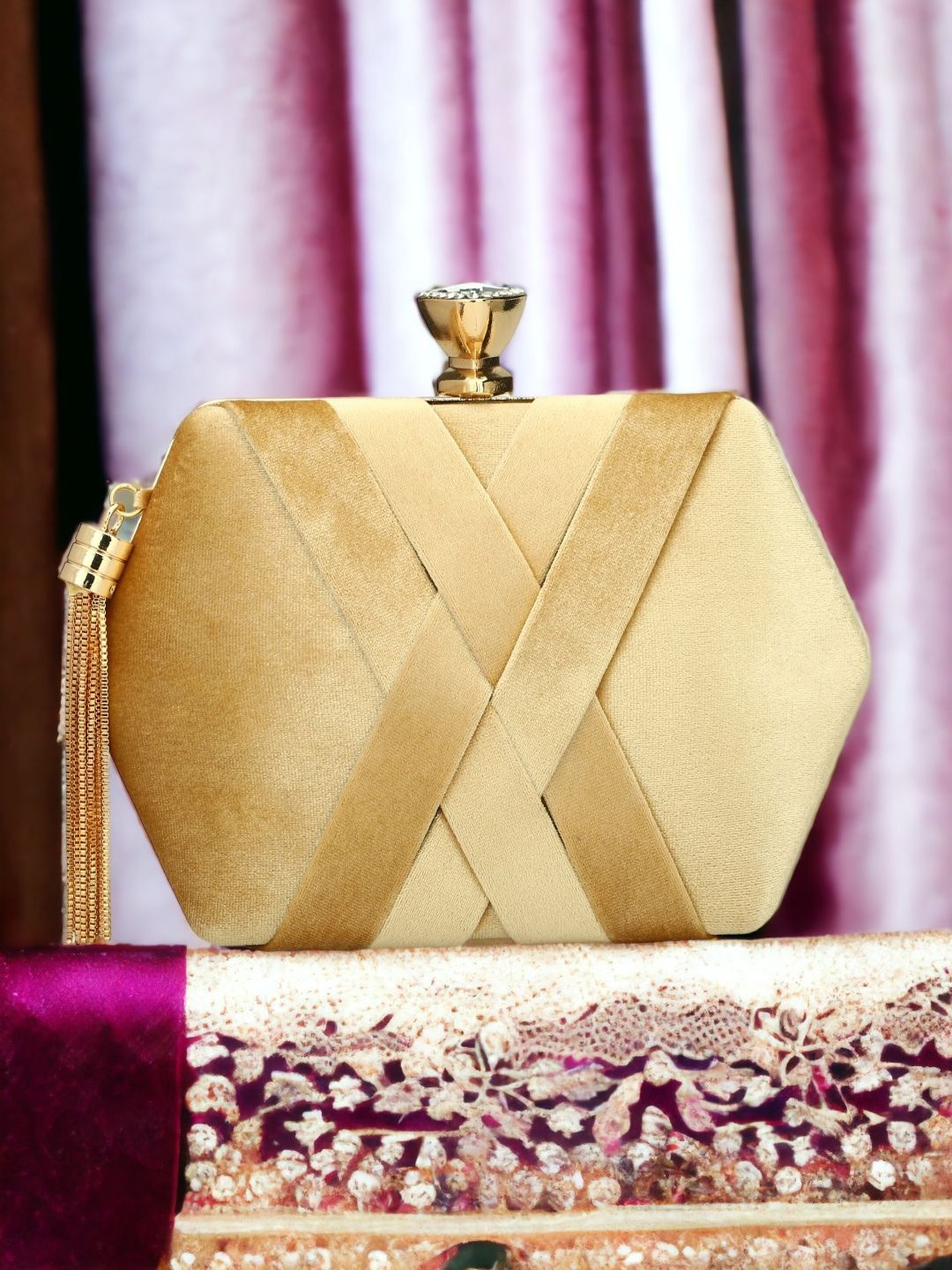 

DressBerry Embellished Box Clutch, Gold