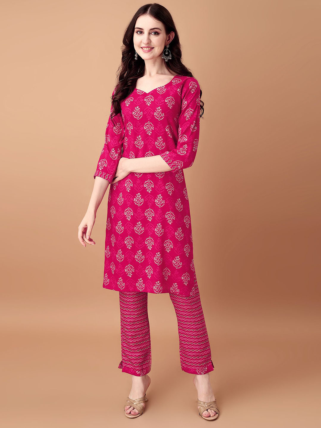 

KALINI Women Floral Printed Regular Kurta with Trousers, Pink