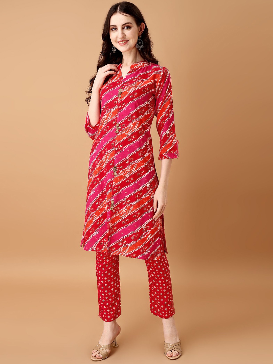

KALINI Women Bandhani Printed Regular Kurta with Trousers, Pink
