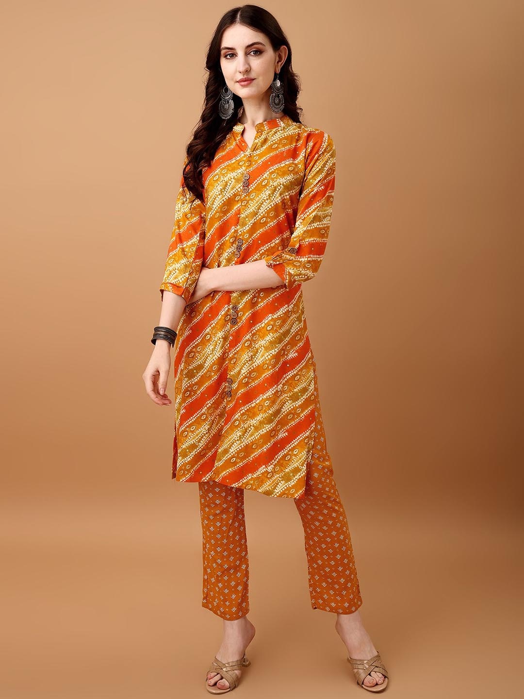 

KALINI Women Bandhani Printed Regular Kurta with Trousers, Yellow