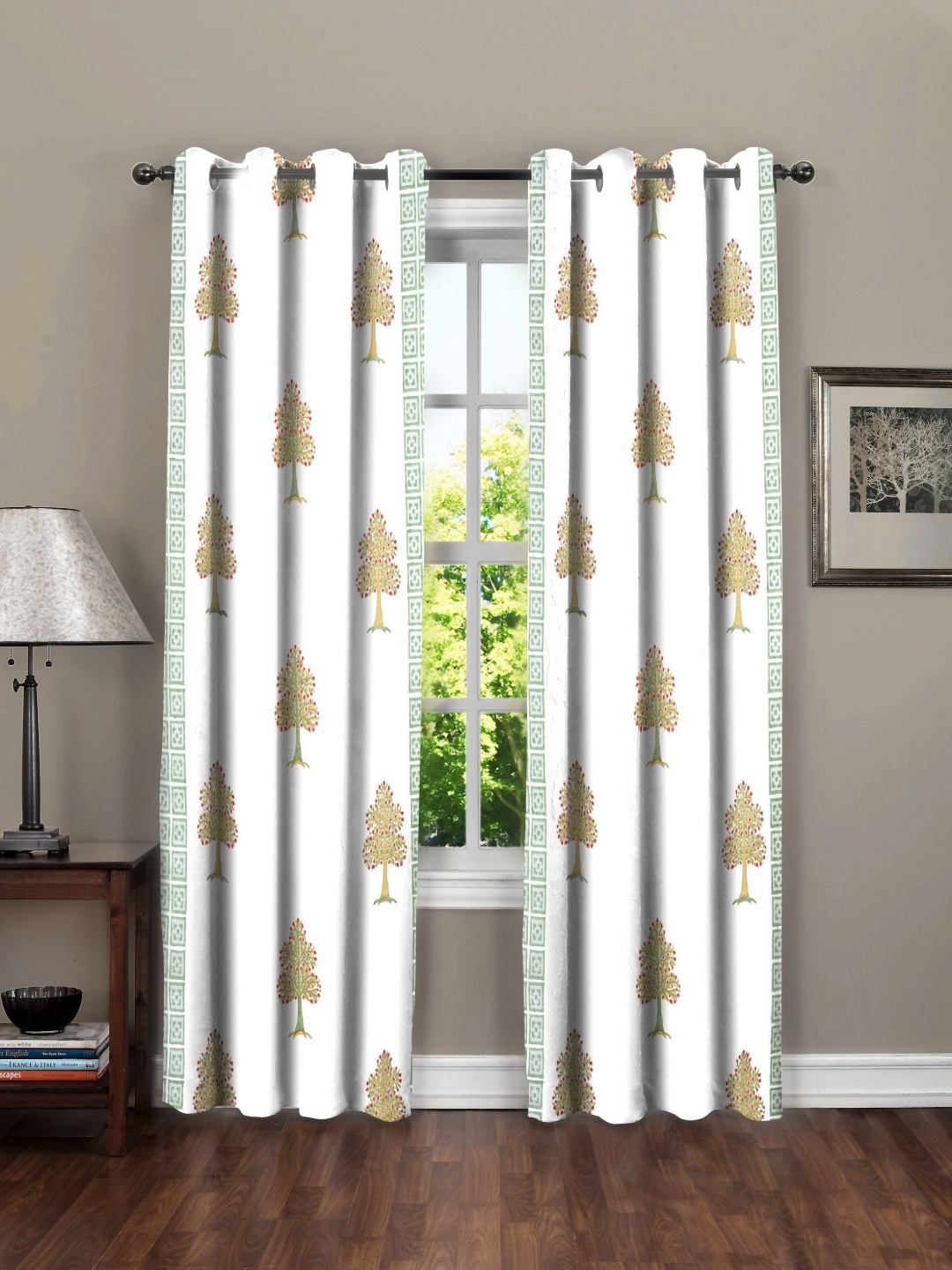 

RRC White & Green Set of 2 Floral Long Door Curtain
