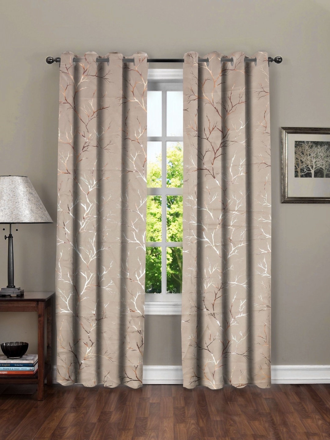 

RRC Beige Set of 2 Floral Black Out Long Door Curtain