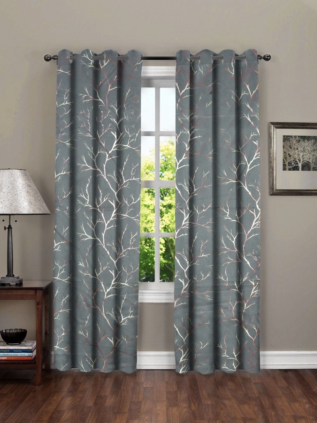 

RRC Grey Set of 2 Floral Black Out Long Door Curtain