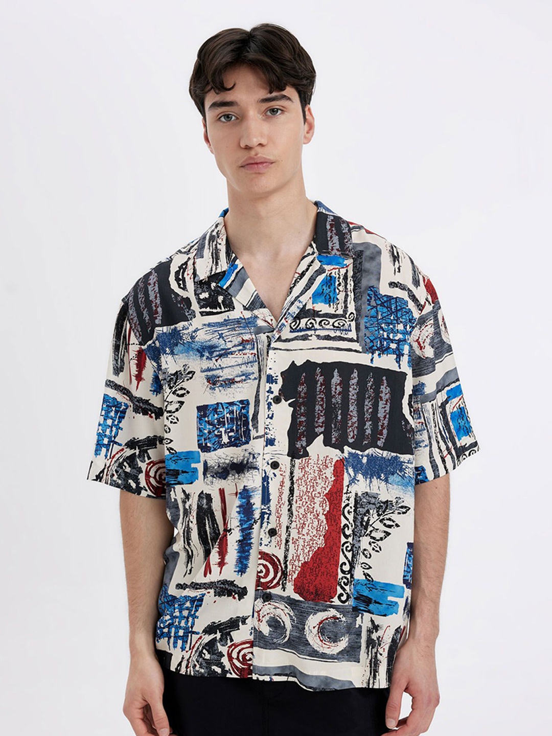 

DeFacto Men Opaque Abstract Printed Baggy Pure Cotton Casual Shirt, Blue