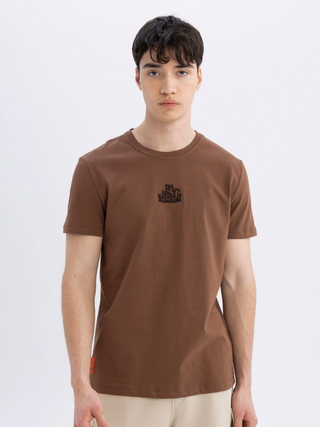 

DeFacto Men Solid Round Neck Cotton T-Shirt, Brown