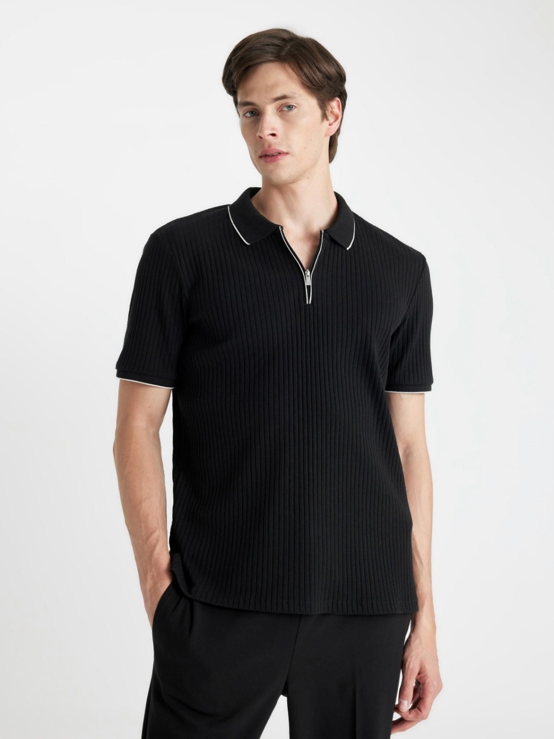 

DeFacto Men Solid Polo Collar Polyester T-Shirt, Black