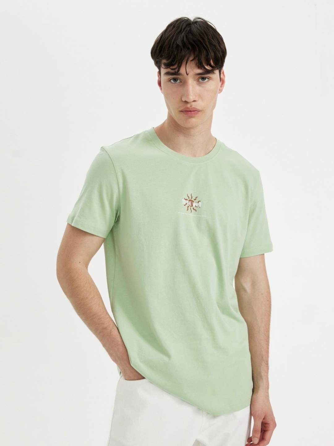 

DeFacto Men Solid Round Neck Cotton T-Shirt, Green