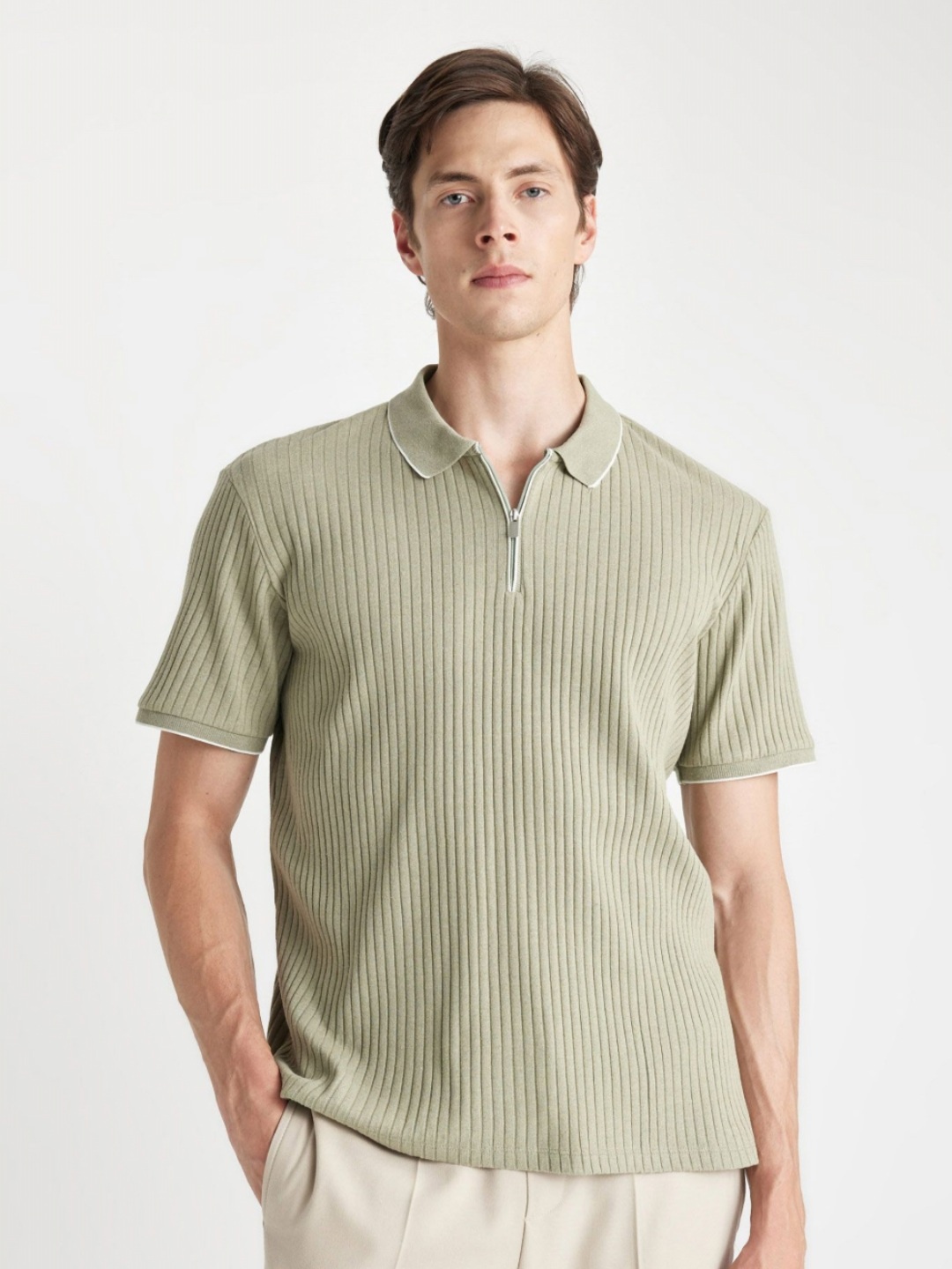 

DeFacto Men Striped Polo Collar Cotton T-Shirt, Green