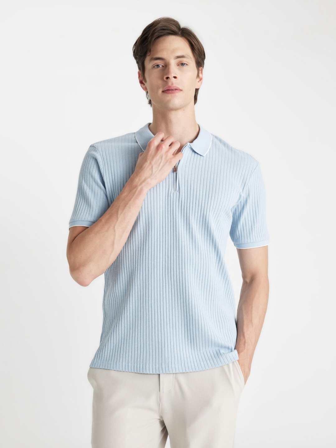 

DeFacto Men Printed Polo Collar Polyester T-Shirt, Blue