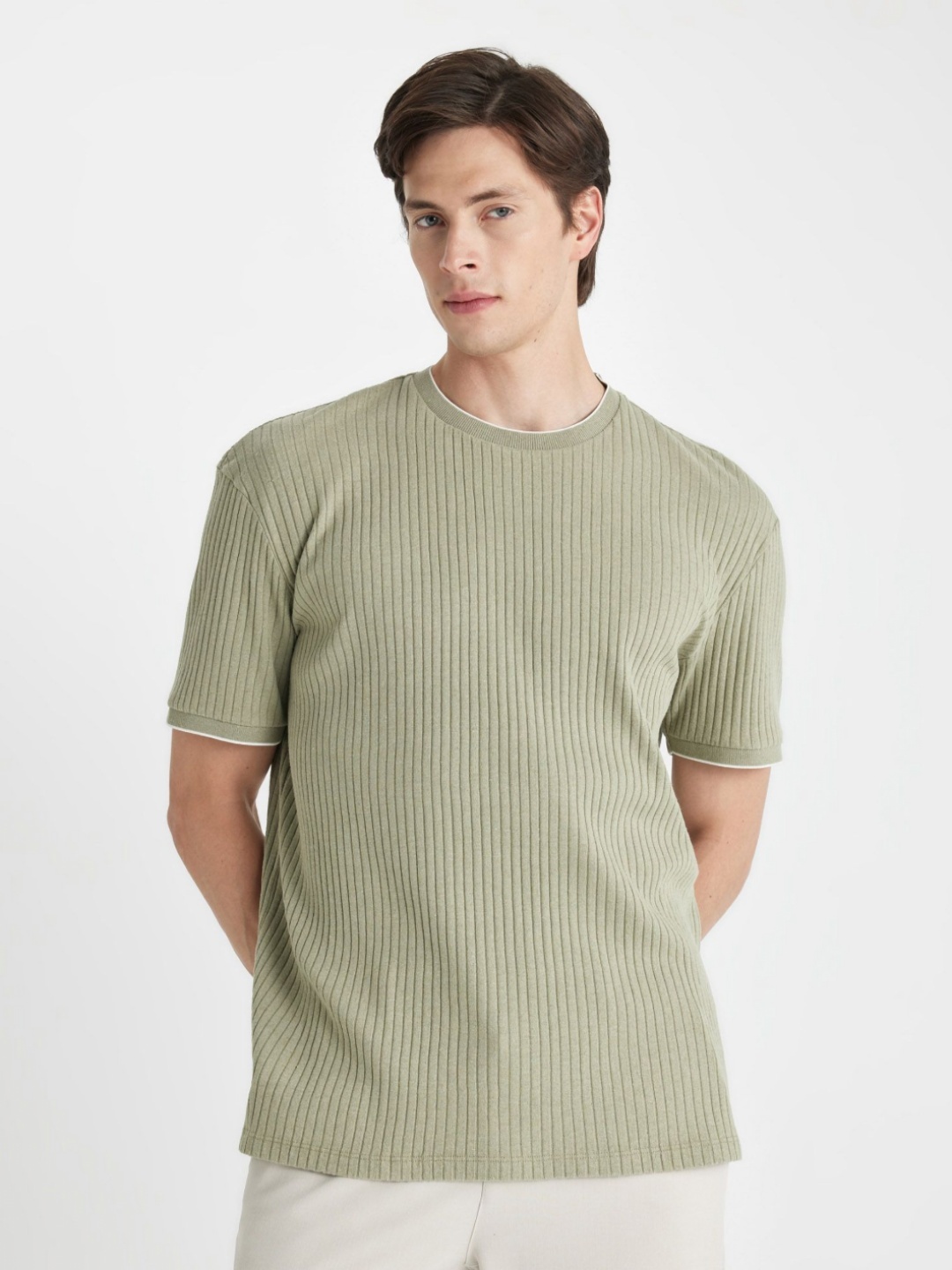 

DeFacto Men Striped Printed Round Neck Cotton T-Shirt, Green