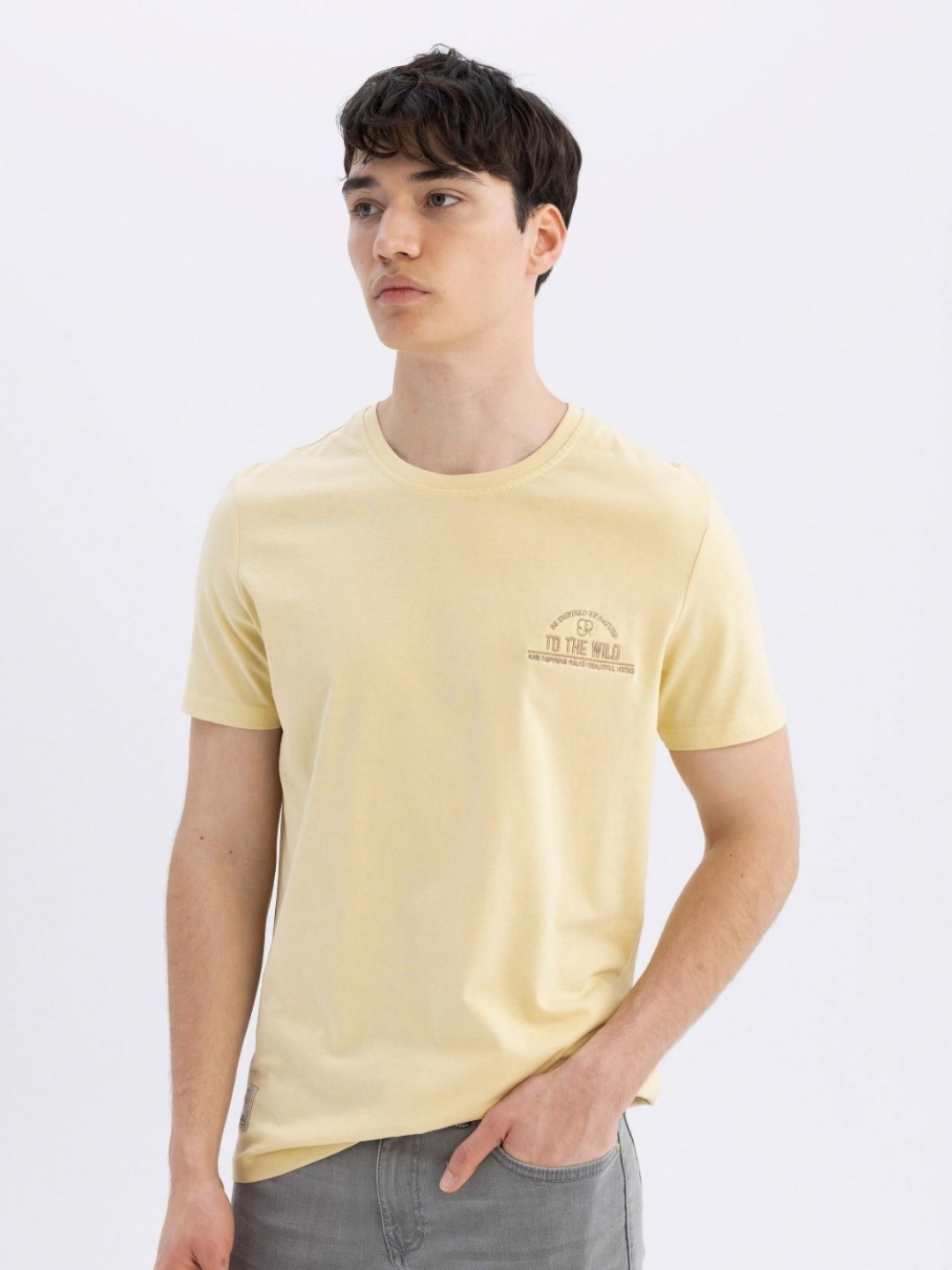 

DeFacto Men Typography Solid Round Neck Cotton T-Shirt, Yellow