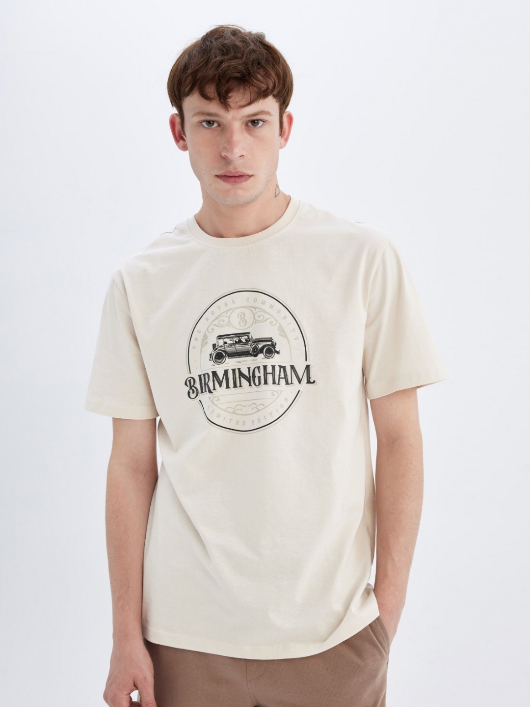 DeFacto Men Printed Round Neck Cotton T-Shirt, White