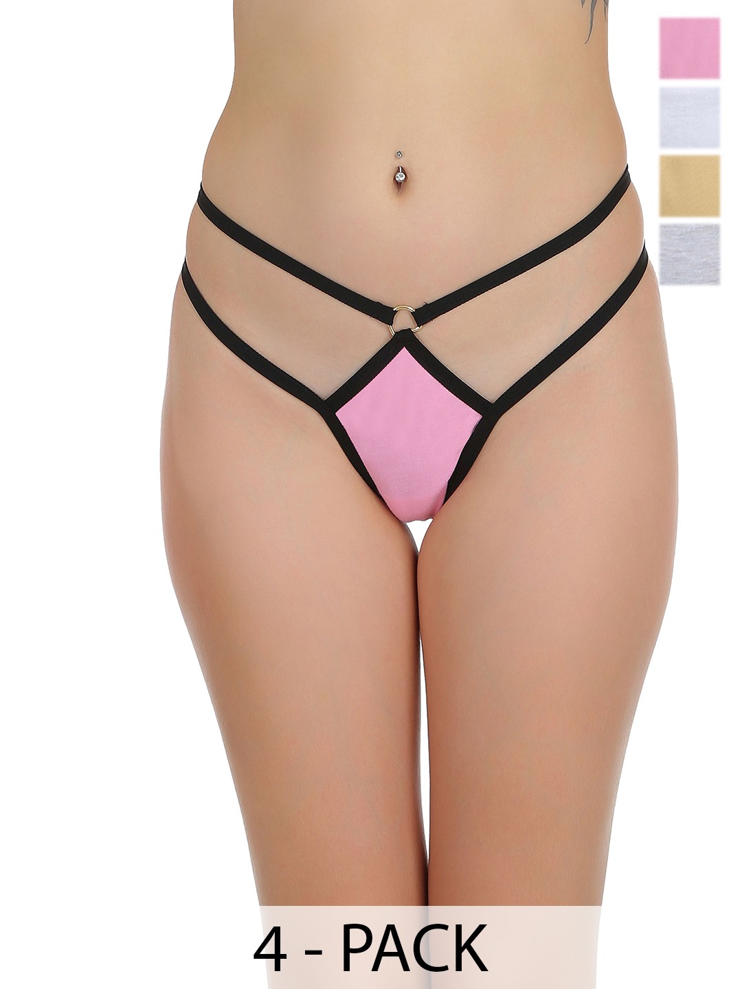 

SELFCARE Pack Of 4 Double Outer Elastic Thong Briefs- SN2924, Pink